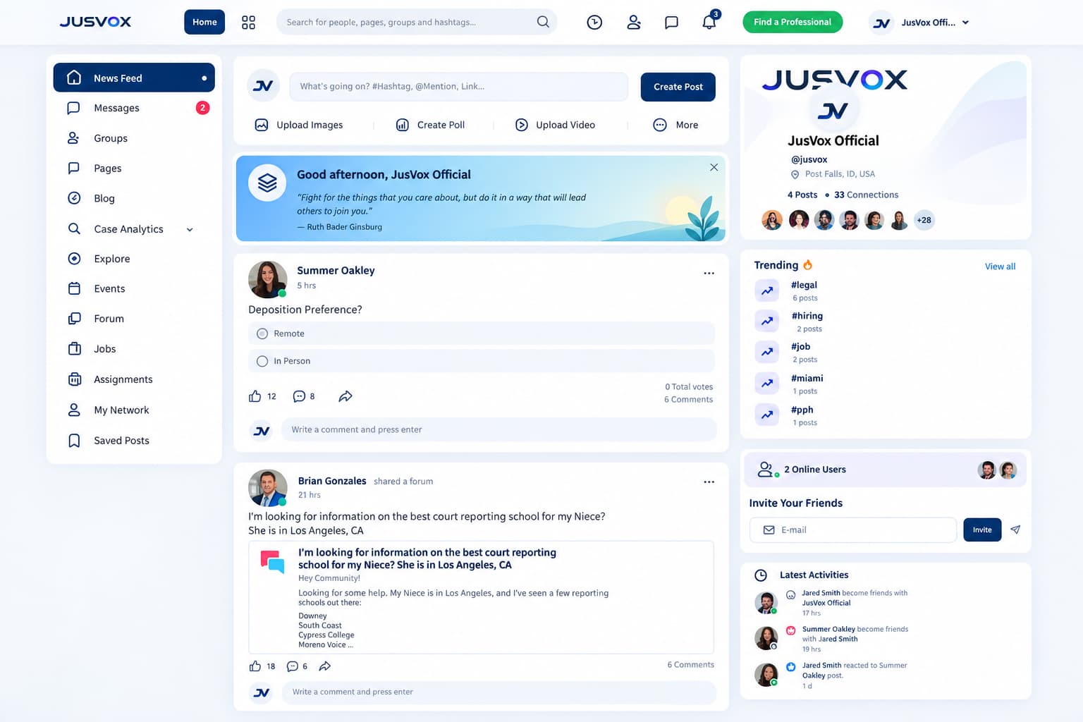 Join the JusVox community — connect with legal professionals nationwide